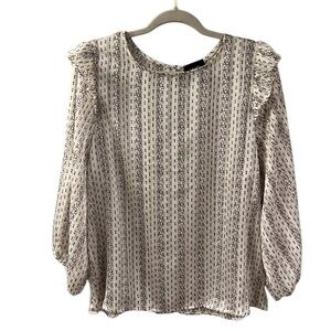 W5 Floral Gold Metallic Ruffle Shoulder Semi Sheer Blouse